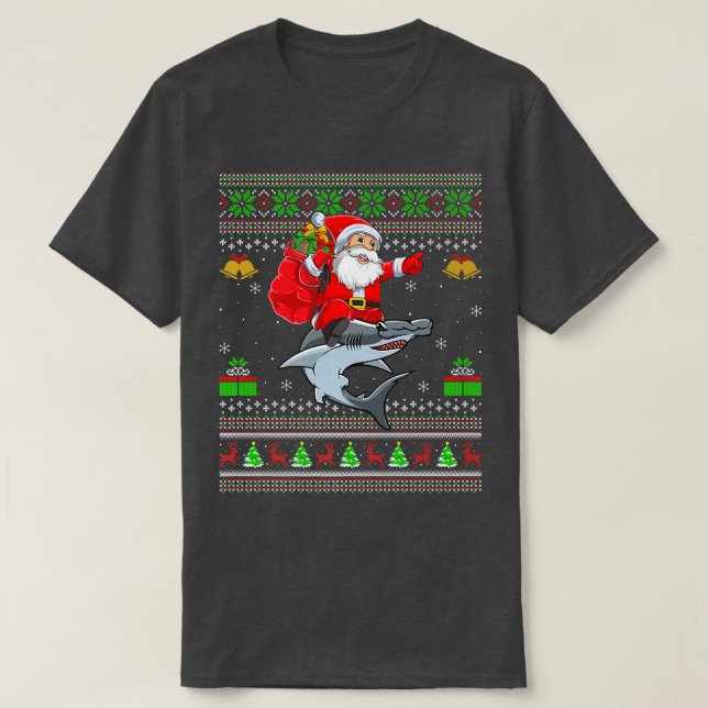 Camiseta Funny Ugly Xmas Santa Riding Hammerhead Shark Fish (Diseño del anverso)