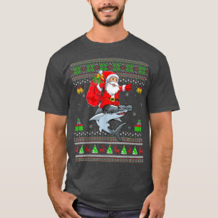 Camiseta Funny Ugly Xmas Santa Riding Hammerhead Shark Fish