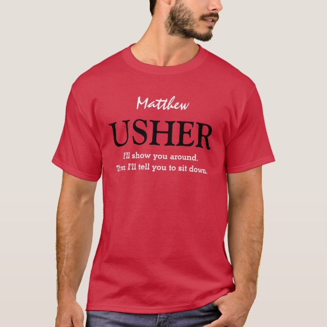 Camiseta Funny Usher Personalizable Wedding Party V03 RED (Anverso)