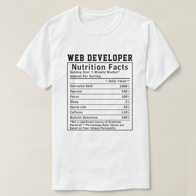 Camiseta Funny Web Developer Nutrition Facts Coding Life  (Diseño del anverso)