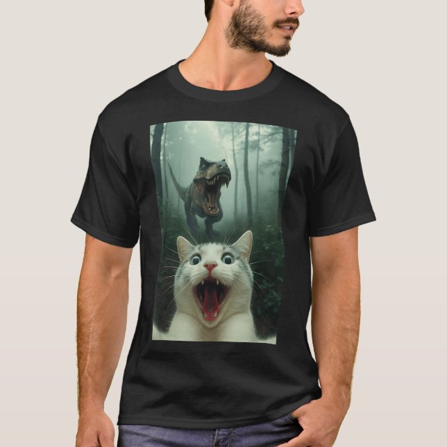 Camiseta Funny White Cat Selfie With T-rex Dinosaur, Cat Ki (Anverso)