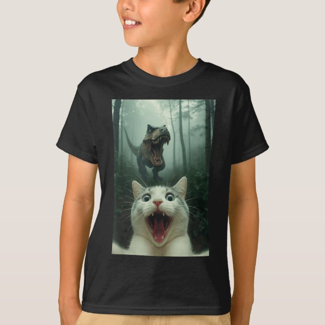 Camiseta Funny White Cat Selfie With T-rex Dinosaur, Cat Ki (Anverso)
