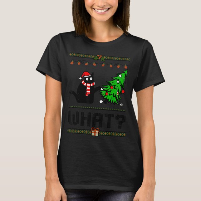 Camiseta Funny Xmas Black Cat Pushing Christmas Tree Over C (Anverso)