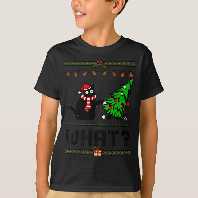 Camiseta Funny Xmas Black Cat Pushing Christmas Tree Over C (Anverso)