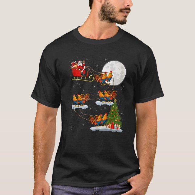 Camiseta Funny Xmas Lighting Tree Santa Riding Rooster Bird (Anverso)