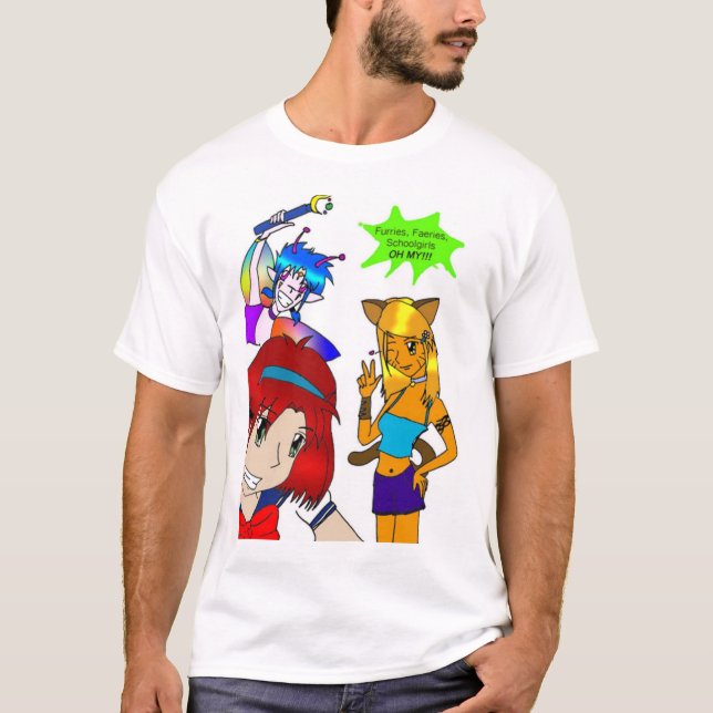 Camiseta ¡Furries, Faeries, colegialas, OH MI! (Anverso)