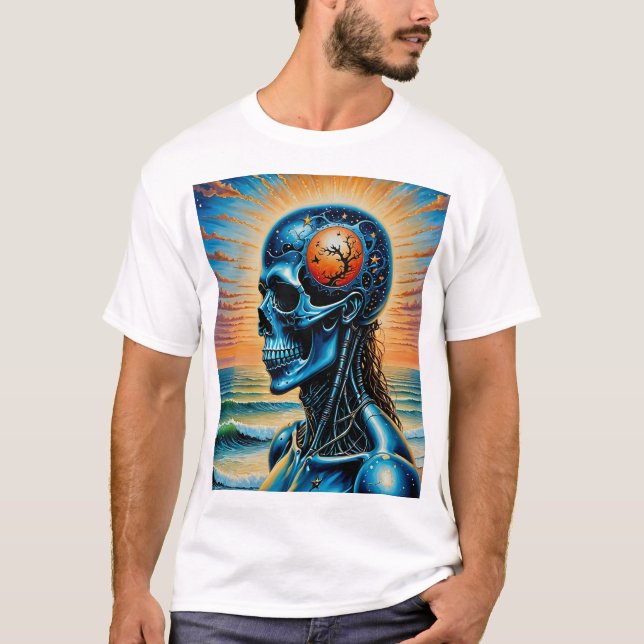 Camiseta Futurista Cosmic Skull Art T-Shirt Ocean Sunset (Anverso)