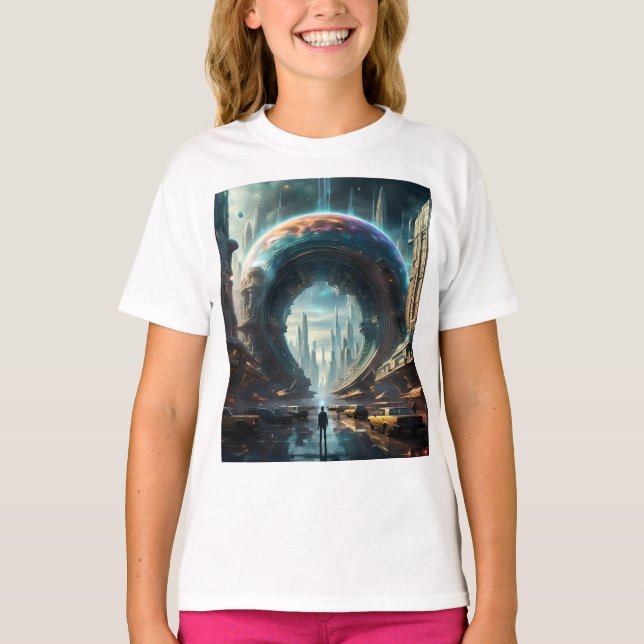 Camiseta Futurista portal de planetas alienígenas con puert (Anverso)