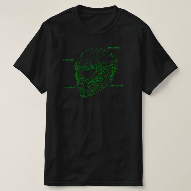 Camiseta Futuristic Green Wireframe Cyber Helmet Blueprint (Diseño del anverso)