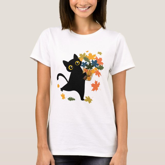 Camiseta fuuny black Cat Leaf Fall Hello Autumn (Anverso)