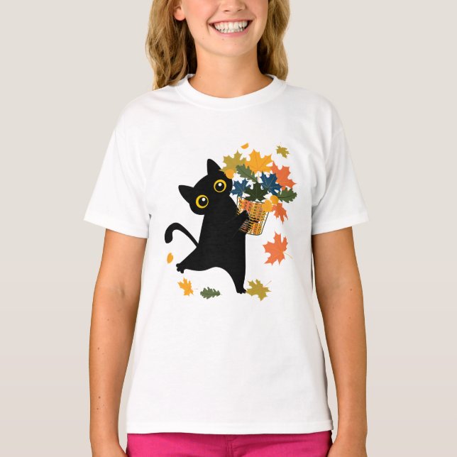 Camiseta fuuny black Cat Leaf Fall Hello Autumn (Anverso)