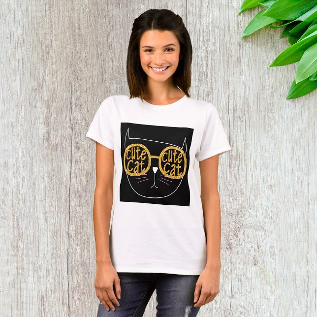Camiseta Gafas de gato lindo Purpurina de oro gráfico Cara  (Subido por el creador)