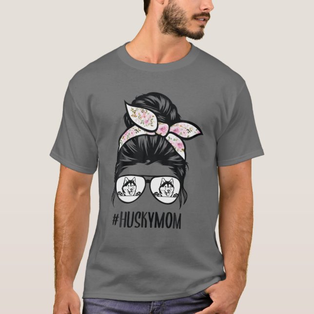 Camiseta Gafas de pelo de Husky Mom Messy Bun, Huskies Sibe (Anverso)