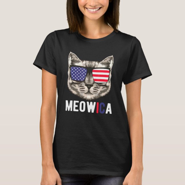 Camiseta Gafas De Sol Cat 4 De Julio Meowica Merica Usa Ame (Anverso)