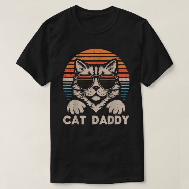 Camiseta Gafas de sol Cat Daddy Atardecer Retro Padre gatit (Diseño del anverso)