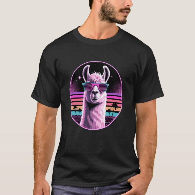 Camiseta Gafas de sol de llama Retro Synthwave Llamas (Anverso)