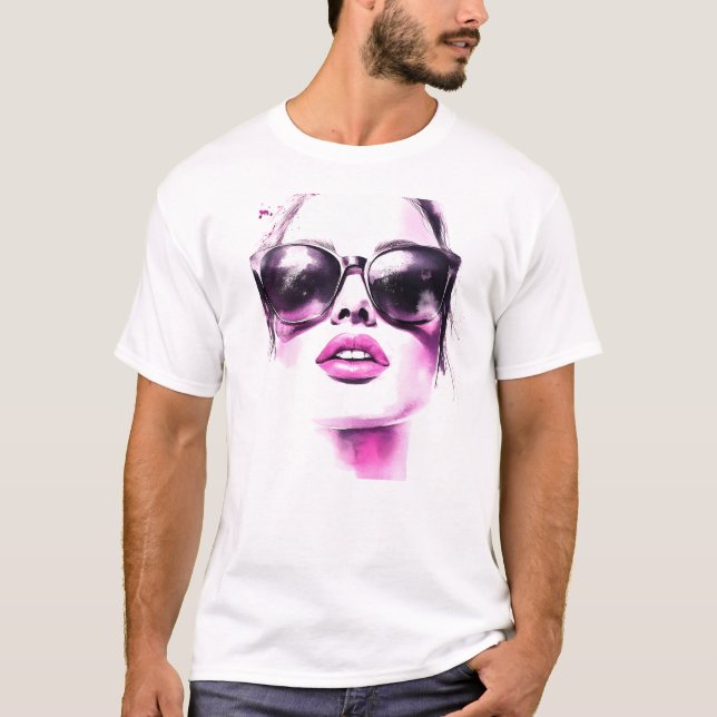 Camiseta Gafas de sol de mujer de moda de acuarela rosa chi (Anverso)