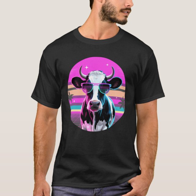 Camiseta Gafas de sol de vaca Synthwave Retro Ganado (Anverso)