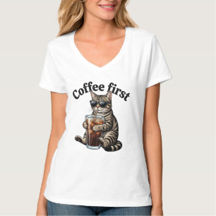 Camiseta Gafas de sol divertidas para gatos tabby con café