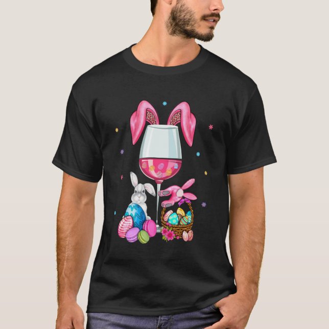 Camiseta Gafas de vino de Pascua Cuidadosa Orejas de coneji (Anverso)