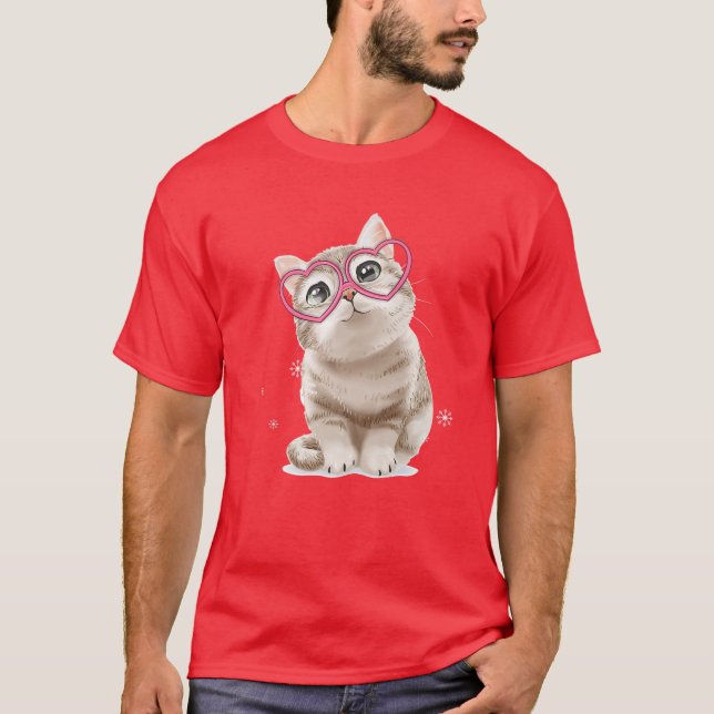Camiseta Gafas Rojas De Gato Cutáneo Cabeza De Corazón Feli (Anverso)