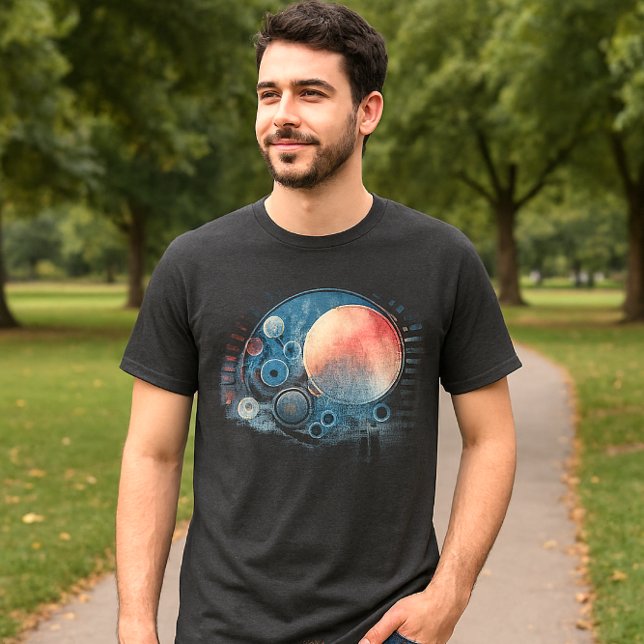 Camiseta Galaxia acuarela Resumen Gris de arte (Cosmic t-shirt mockup, man in jeans and sneakers, park background, celestial design, casual wear)
