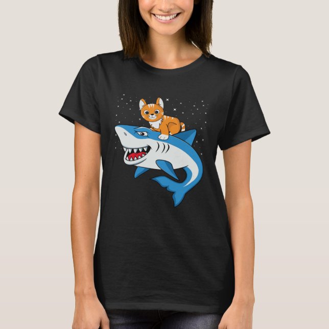 Camiseta Galaxy Cat Riding Shark For Cat Astronaut Cat (Anverso)