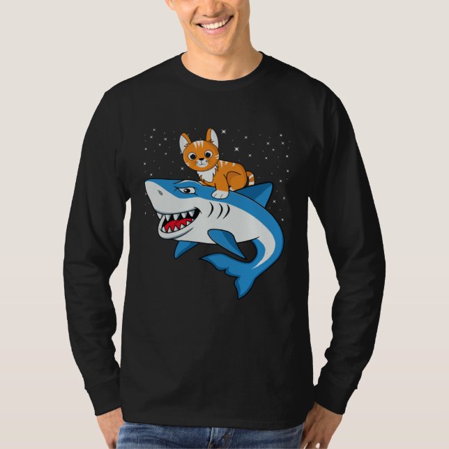 Camiseta Galaxy Cat Riding Shark For Cat Astronaut Cat (Anverso)