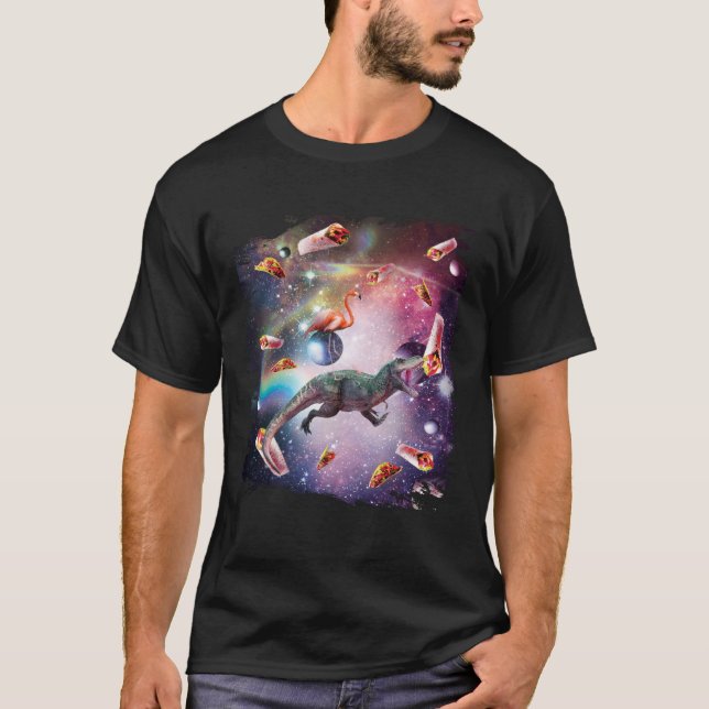 Camiseta Galaxy Flamingo Riding Dinosaur In Space  Rainbow (Anverso)