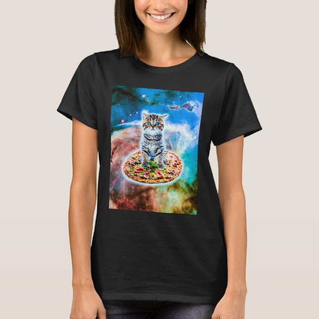 Camiseta Galaxy Kitty Cat Riding Pizza In Space (Anverso)