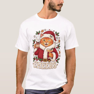 Camiseta Gallego Navidad Naranja Gato Santa Sombrero Bebida
