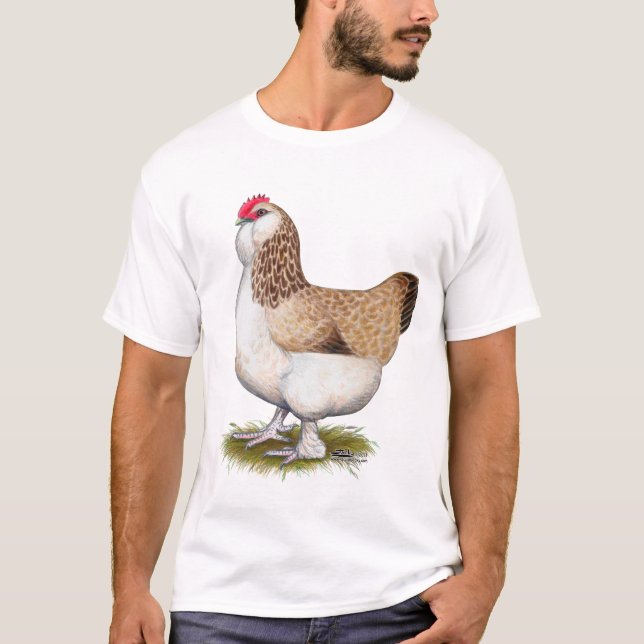 Camiseta Gallina de color salmón de Faverolle (Anverso)