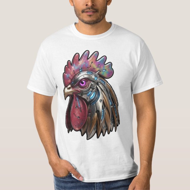Camiseta Gallo Ciberpunk Arte Mecánico Irisado (Anverso)