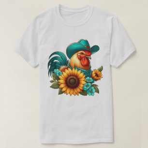 Camiseta Gallo con sombrero azul turquesa y girasoles