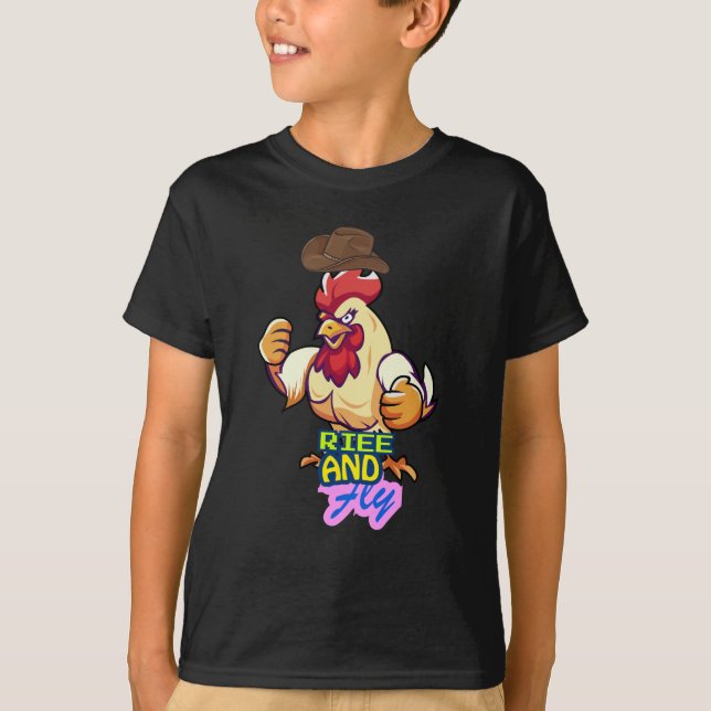 Camiseta "Gallo Divertido Levántate y Vuela” (Anverso)