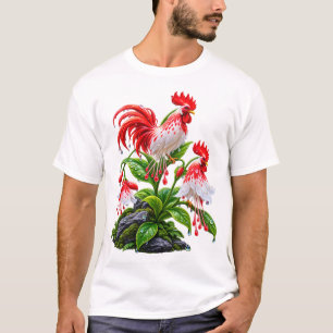 Camiseta Gallo Rojo Dewy Flor Tropical de la Naturaleza