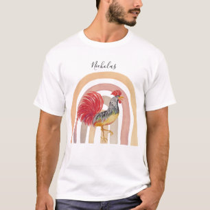 Camiseta Gallo Rojo y Arcoíris Arte de Acuarela