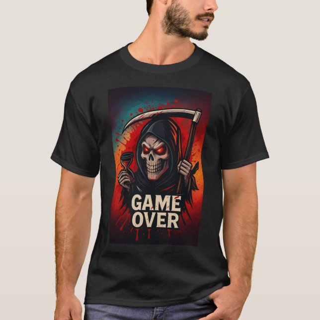 Camiseta Game Over Grim Reaper Skull – Dark Horror Gaming  (Anverso)