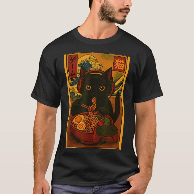 Camiseta Gamer Cat Eating Ramen Japanese Style  (Anverso)