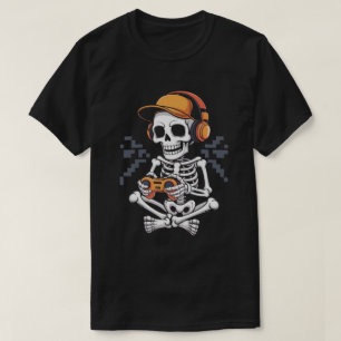 Camiseta Gamer Esqueleto Retro con Auriculares y Controlado