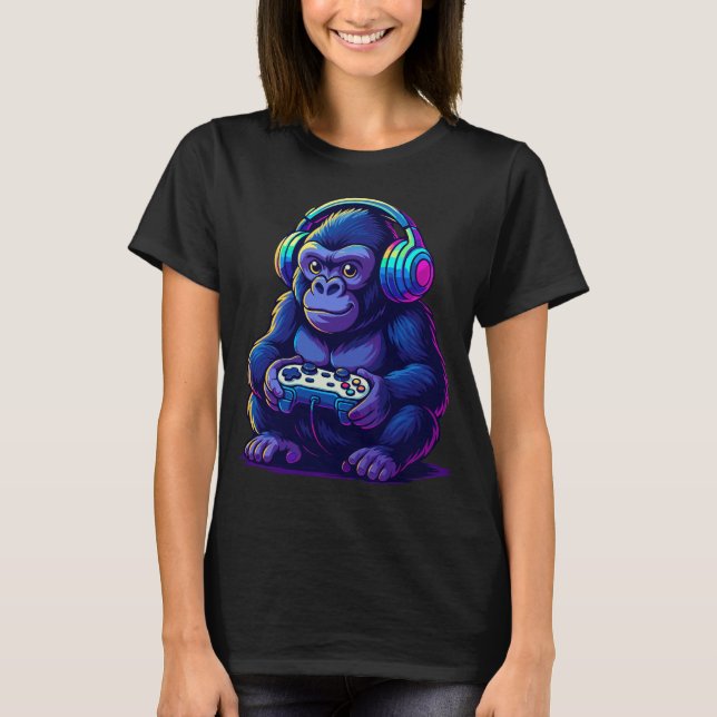 Camiseta Gamer Gorilla with Headphones — Neon Gaming Vibes (Anverso)