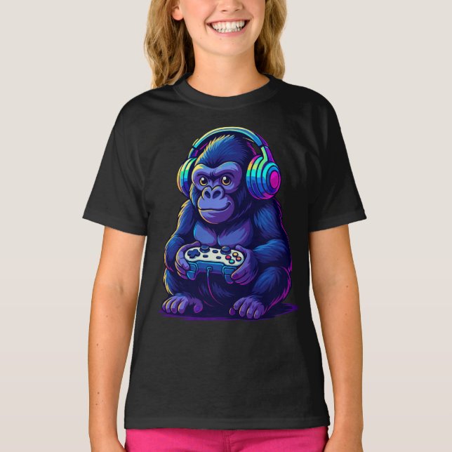 Camiseta Gamer Gorilla with Headphones — Neon Gaming Vibes (Anverso)