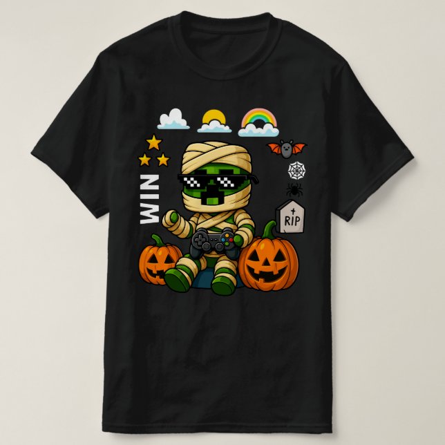 Camiseta Gamer Pixel Pumpkin Mummy Men Kids Boy Halloween  (Diseño del anverso)