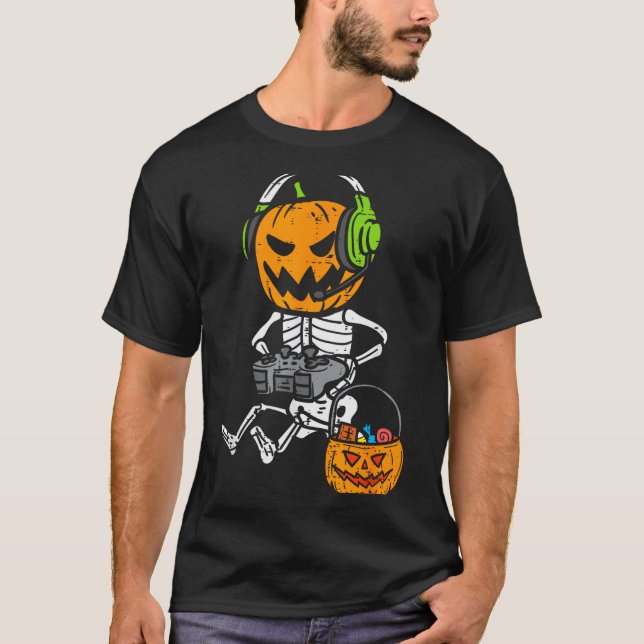 Camiseta Gamer Pumpkin Skeleton Funny Halloween Gaming Boys (Anverso)
