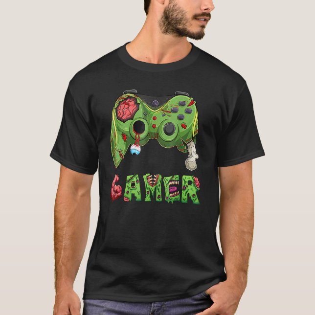 Camiseta Gamer Zombie Video Game Player Controller Hallowee (Anverso)