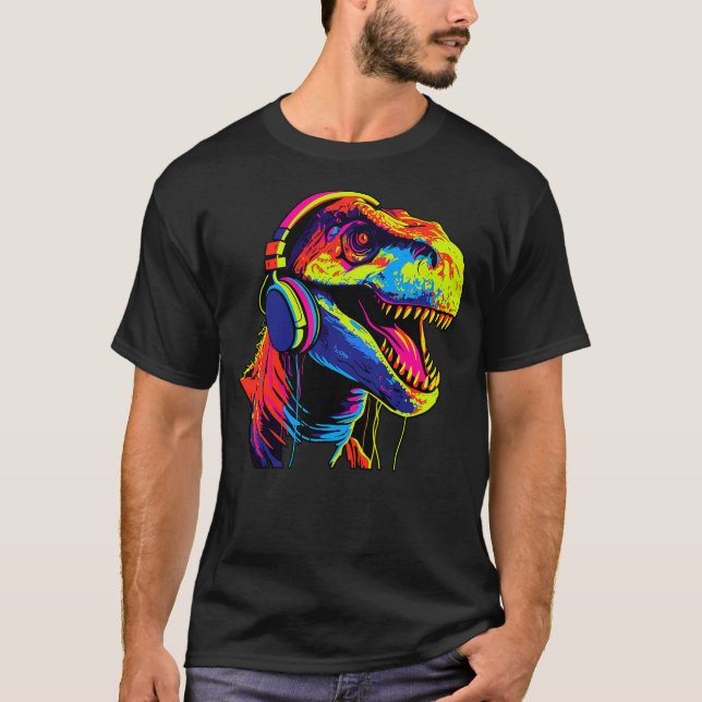 Camiseta Gaming Music Podcast Headset Headphones Dinosaur T (Anverso)