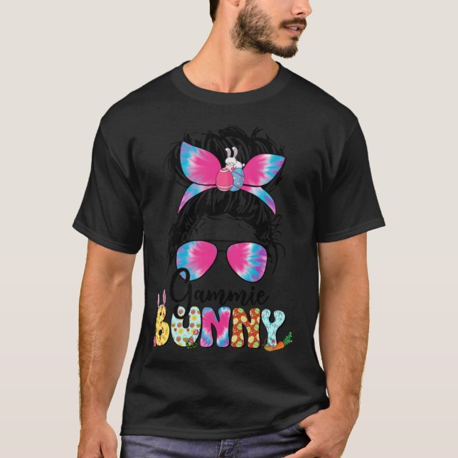 Camiseta Gammie Bunny Tie Dye Messy Bun Happy Easter Day Mo (Anverso)