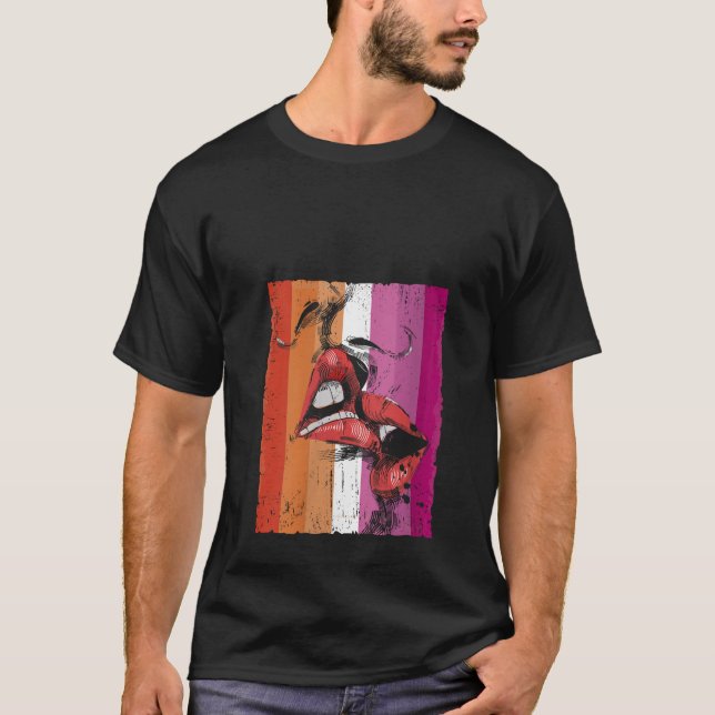 Camiseta Ganas lesbianas besando la bandera lesbiana Orgull (Anverso)