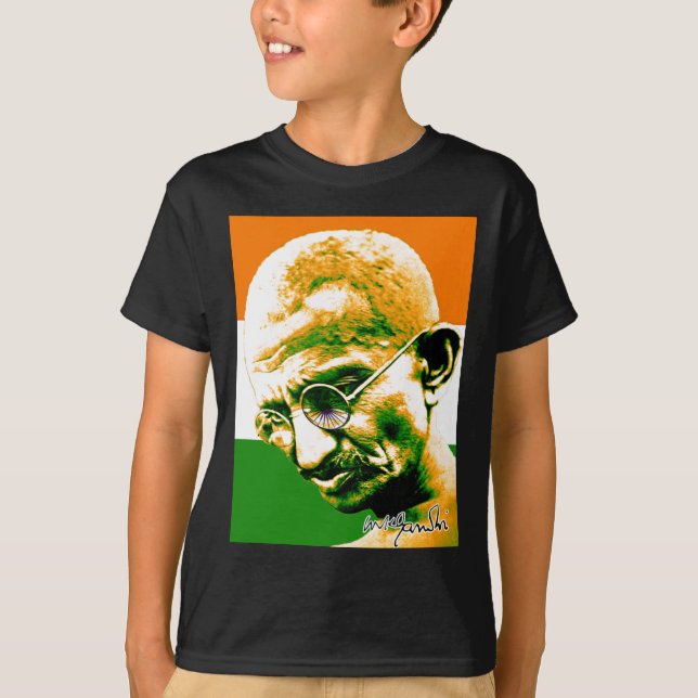 Camiseta Gandhi en verde anaranjado y blanco con la bandera (Anverso)