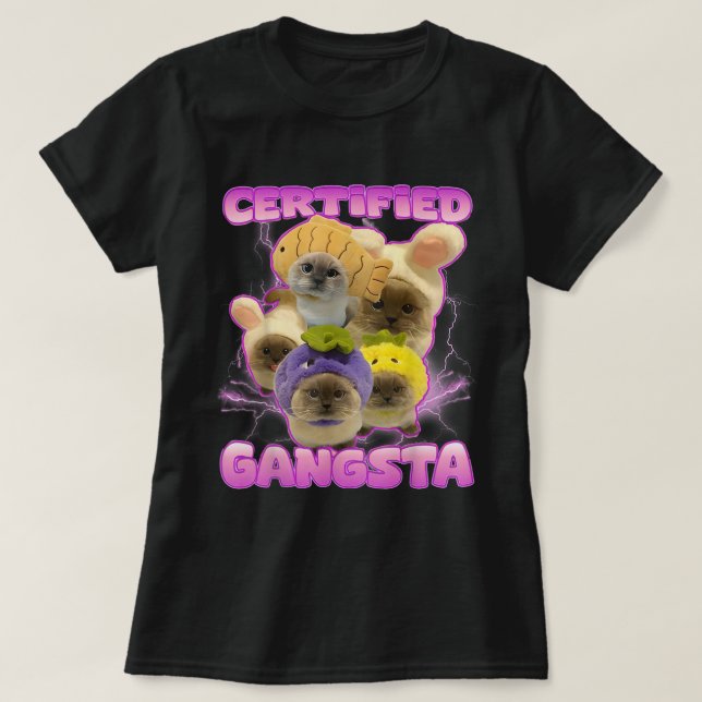Camiseta Gangsta certificado Kawaii Cat Meme Chicas Gatos (Diseño del anverso)